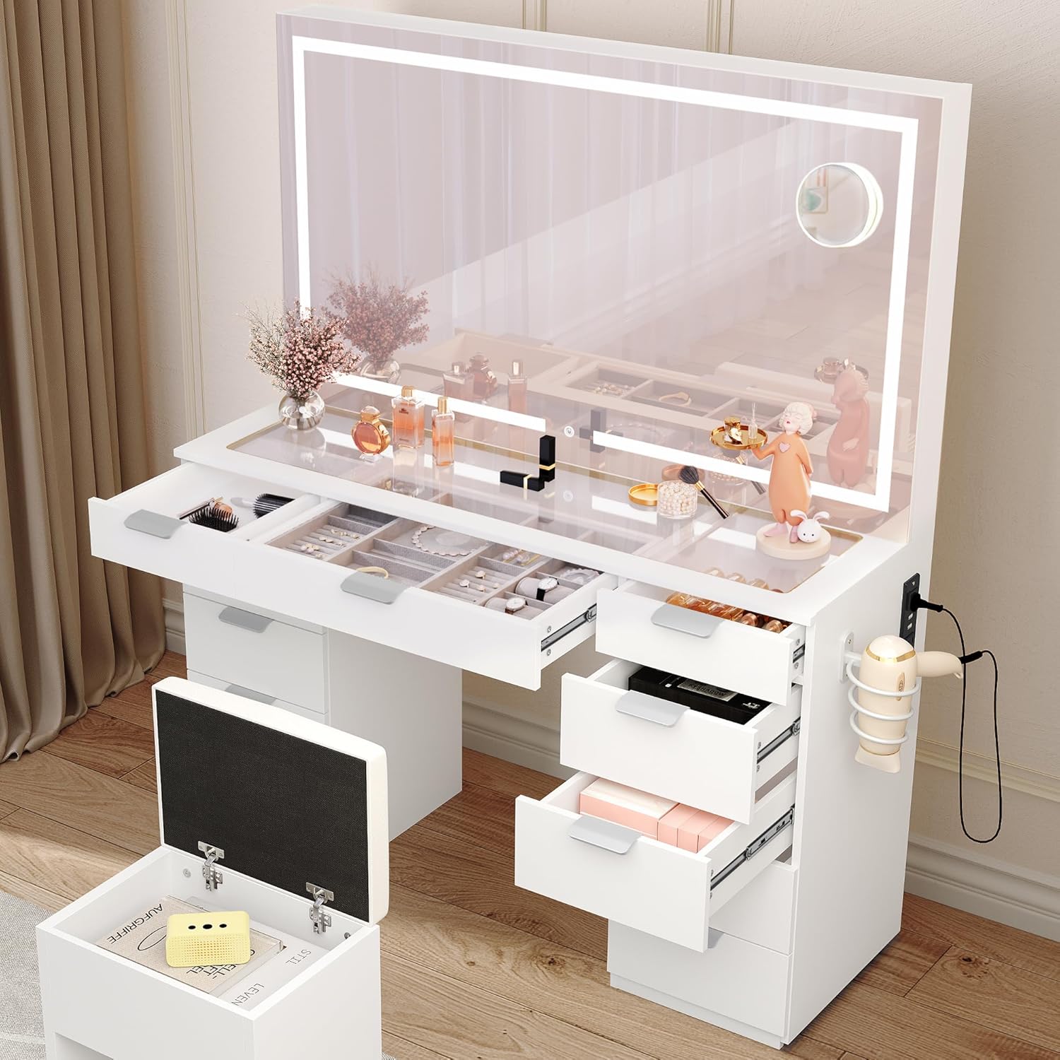 HomeLova | Toeletta con illuminazione LED regolabile e prese